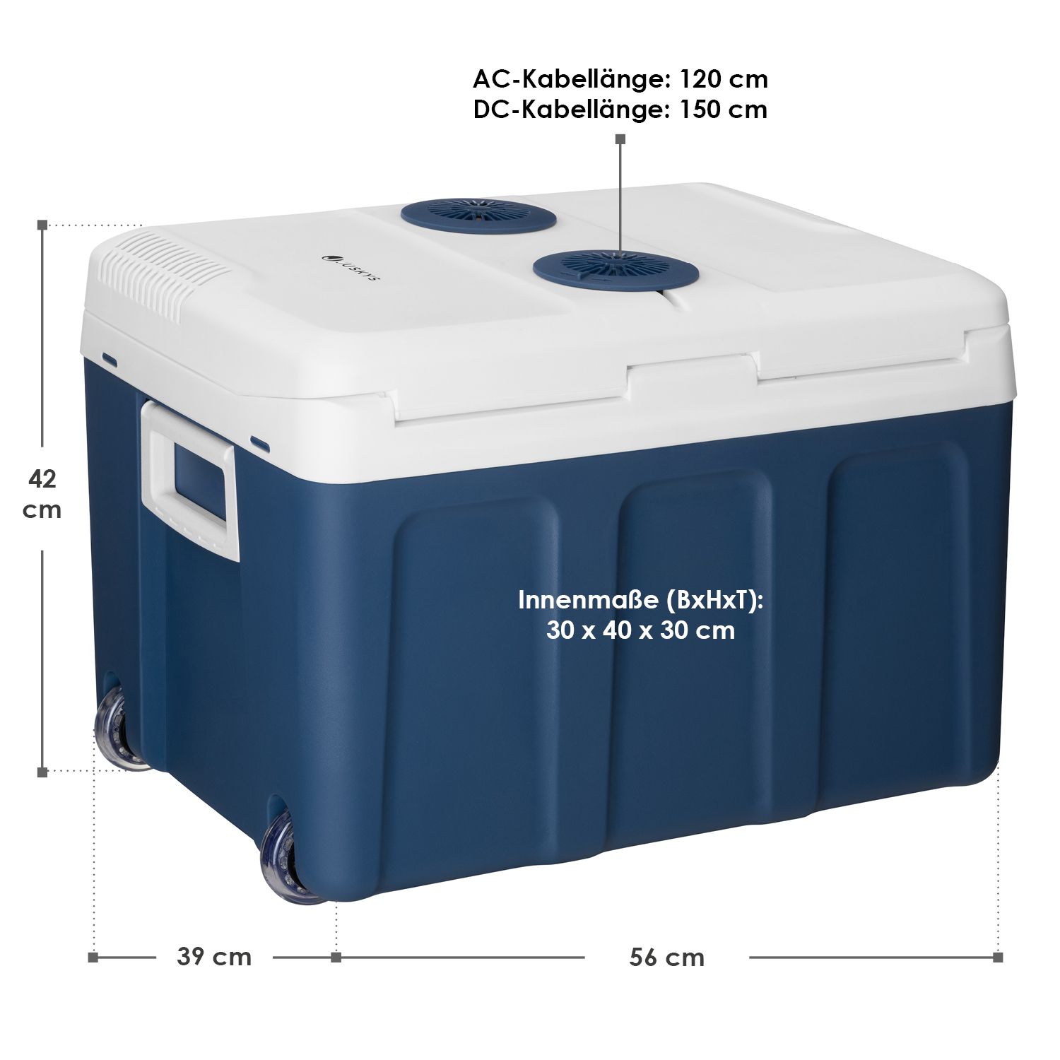 Abmessungsbild Elektrische Kühlbox Nordpol in 3 Größen und 2 Farben