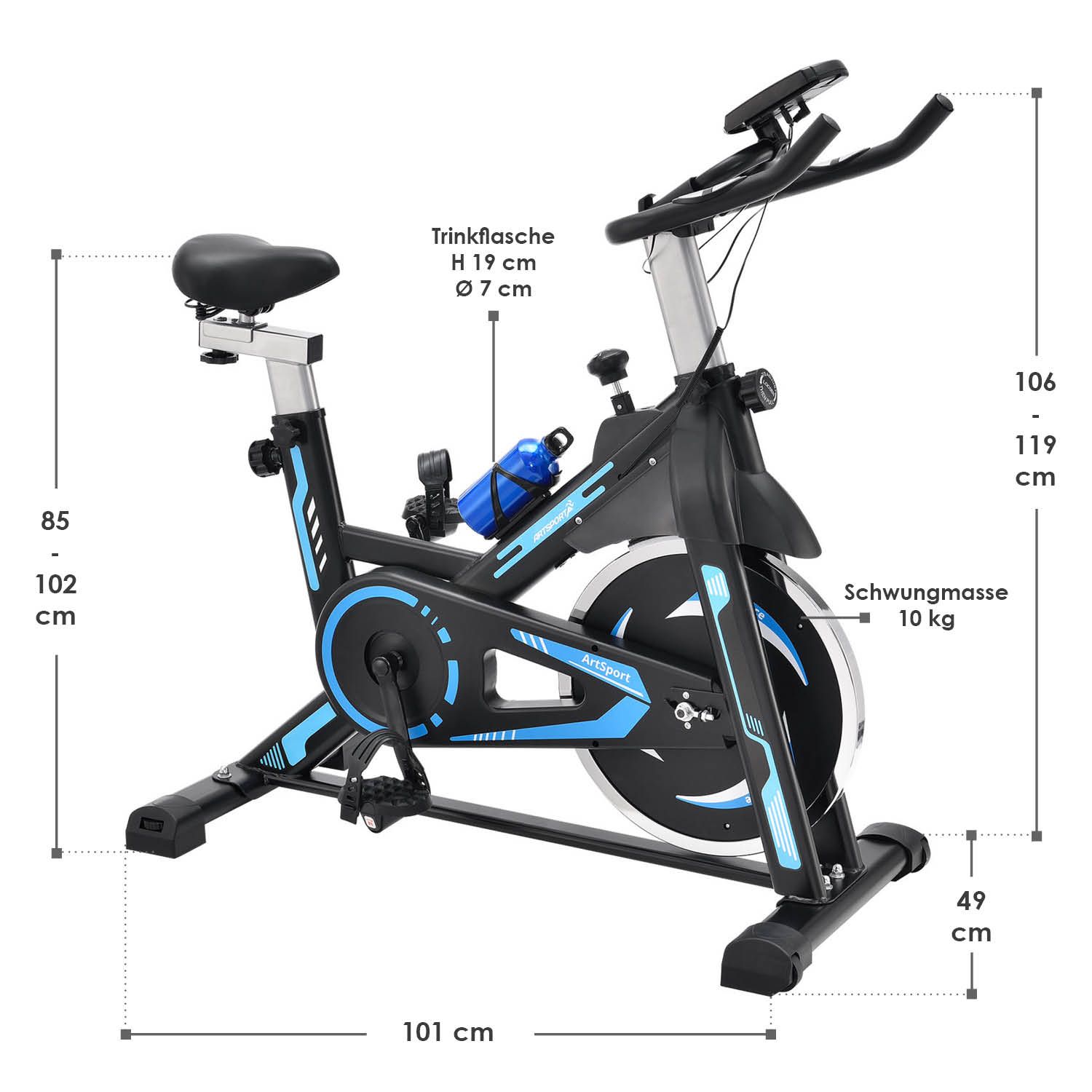 Abmessungsbild Speedbike Heimtrainer Indoor Cycling Fahrrad Fitness 120 kg ArtSport®