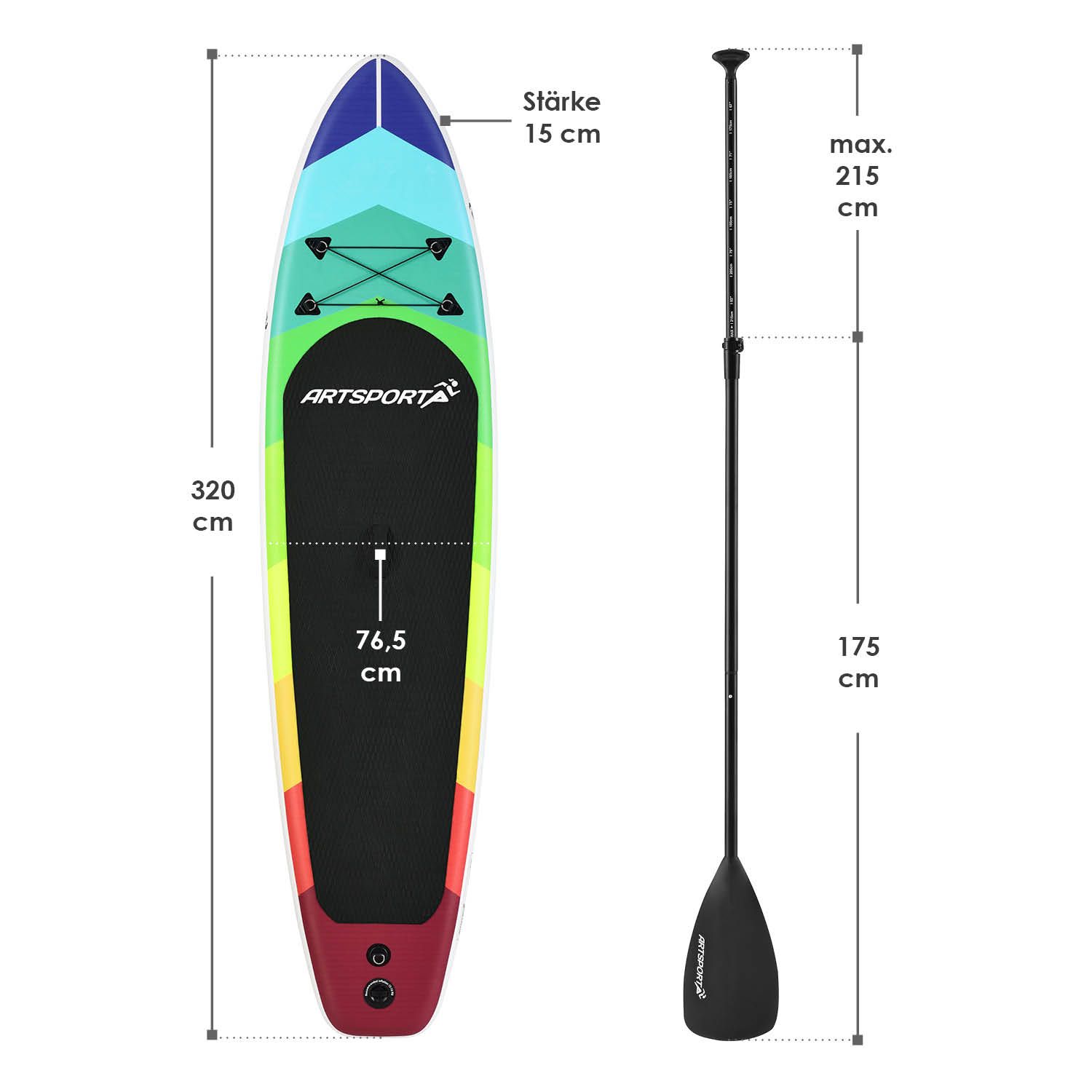 Abmessungsbild SUP Stand Up Paddle Board Set aufblasbar 320 Paddling Surfboard 150kg ArtSport